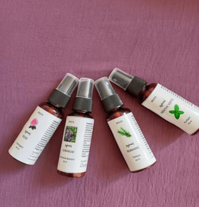 Pack Beauté Voyage : Hydrolats en Spray de Rose, Menthe Verte, Romarin, Géranium - Flacons pulvérisateurs de 50 mL